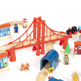 Maxim Enterprise 60-Piece Wooden Train Set with Red Suspension Bridge & Tunnels