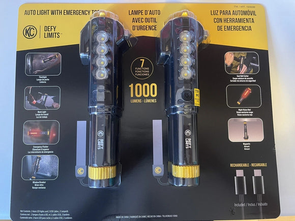 KC Auto Light with Emergency Tool, 2 Pack 1000 Lumen Rechargeable Flashlight Set