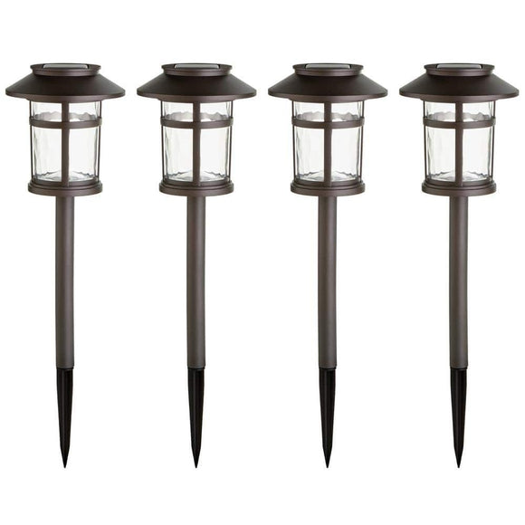 Hampton Bay Bronze Solar LED Pathway Lights with Elegant Watered lens, 4 pack