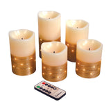 Fusion Gold Flameless LED Wax Pillar Candles with Fairy Lights, 5 Piece Set