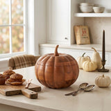 Fitz & Floyd 9" Mango Wood Pumpkin Serving Bowl with Lid, Fall Table Decor