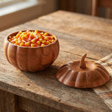 Fitz & Floyd 9" Mango Wood Pumpkin Serving Bowl with Lid, Fall Table Decor