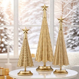 3-Pc Gold Metallic Resin Xmas Tree Set - 14"-21" Tabletop Holiday Decor Statues
