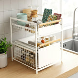 Mesa 2-Tier Sliding Drawer Organizer, Steel Under Sink Storage with Wood Handles