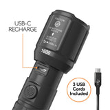 Duracell 1600 Lumen Hybrid LED Flashlights, USB-C Rechargeable or AAA, 3-Pack