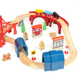 Maxim Enterprise 60-Piece Wooden Train Set with Red Suspension Bridge & Tunnels