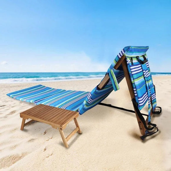Melino Folding Acacia Wood Frame Beach Lounger with Tray Table