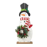 Glitzhome 36" Wooden Snowman Porch Décor with Floral Wreath and Metal Leaves