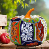 13" Talavera Style Ceramic Pumpkin Outdoor Décor, Hand-Painted Double-Glazed Mexican Talavera Decoration