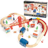 Maxim Enterprise 60-Piece Wooden Train Set with Red Suspension Bridge & Tunnels