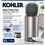 Kohler 8L Slim Stainless Steel Step Trash Can, Quiet Close Fingerprint Resistant