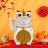13.8" Fortune Cat with Waving Arm, Red & Gold Lunar New Year Lucky Cat Decor