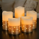 Fusion Gold Flameless LED Wax Pillar Candles with Fairy Lights, 5 Piece Set