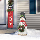 Glitzhome 36" Wooden Snowman Porch Décor with Floral Wreath and Metal Leaves