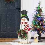 Glitzhome 36" Wooden Snowman Porch Décor with Floral Wreath and Metal Leaves