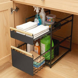 Mesa 2-Tier Sliding Drawer Organizer, Steel Under Sink Storage with Wood Handles