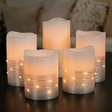 Fusion Gold Flameless LED Wax Pillar Candles with Fairy Lights, 5 Piece Set