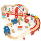 Maxim Enterprise 60-Piece Wooden Train Set with Red Suspension Bridge & Tunnels